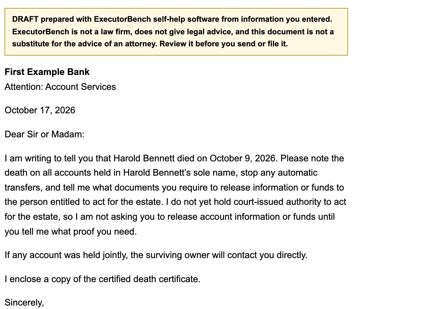 A generated notification letter to a bank for the estate of Harold Bennett, with the draft notice at the top saying the document is not a substitute for the advice of an attorney, and a sender who has not yet been appointed by the court.